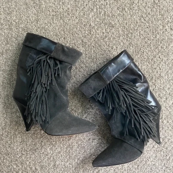 Isabel Marant Charcoal Fringed Heeled Boots - Picture 1 of 8